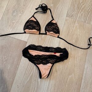 Doll Swimwear Pink and Black Lace Triangle Bikini Set - Women Swim Bikinis SM